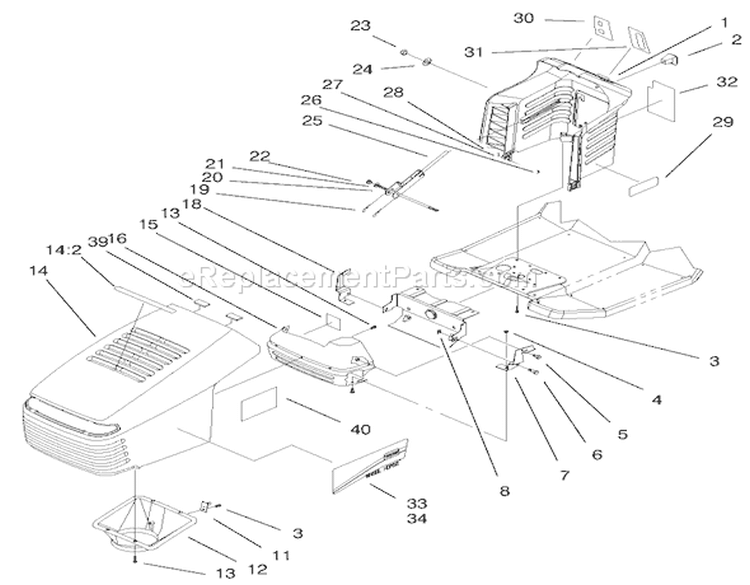 Hood & Tower Assembly Diagram and Parts List for 71199 200000001-200999999 - 2000 Toro Lawn Tractor