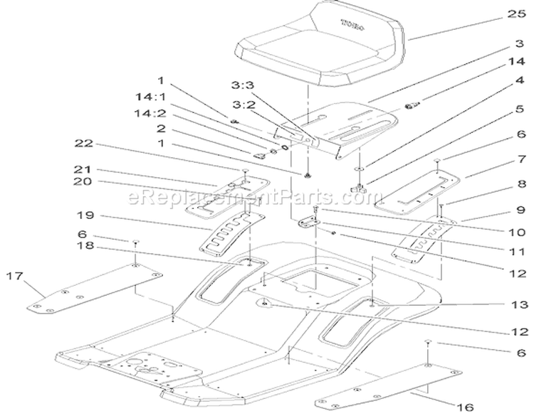 Seat and Fender-Mounted Control Assembly Diagram and Parts List for 71199 230000001-230999999 - 2003 Toro Lawn Tractor