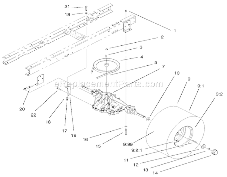 5 Speed Transaxle Assembly Diagram and Parts List for 71199 9900001-9999999 - 1999 Toro Lawn Tractor