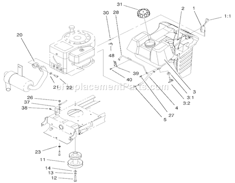 Gas Tank & EnginePulley Assembly Diagram and Parts List for 71201 7900001-7999999 - 1997 Toro Lawn Tractor