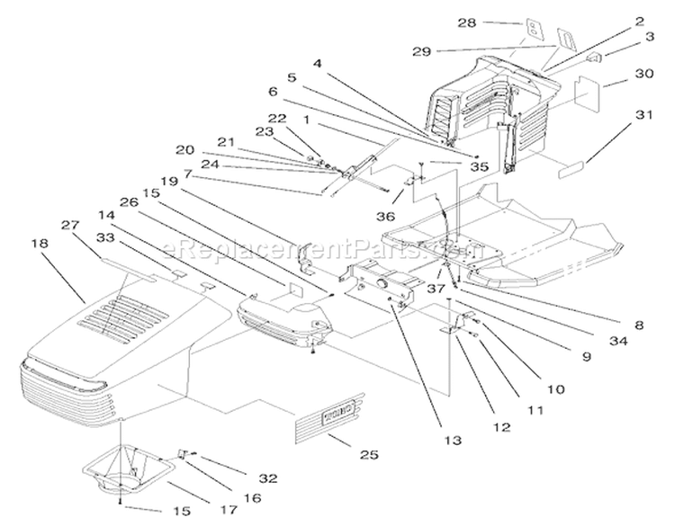 Hood Assembly Diagram and Parts List for 71205 6900001-6999999 - 1996 Toro Lawn Tractor