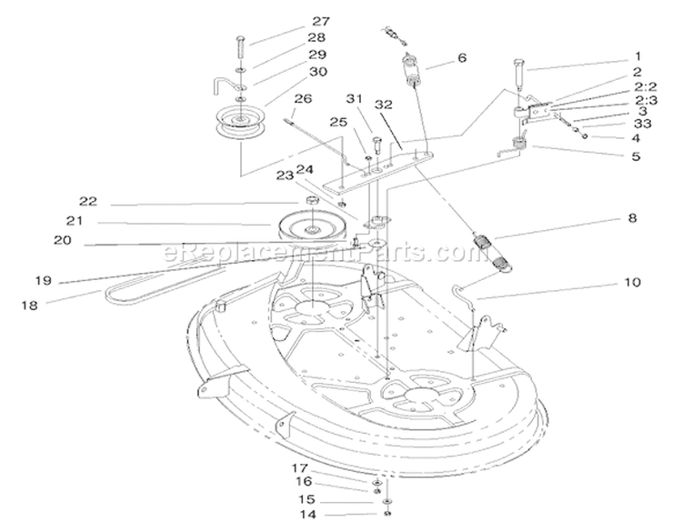 Deck Pulley & Belt Assembly Diagram and Parts List for 71205 6900001-6999999 - 1996 Toro Lawn Tractor