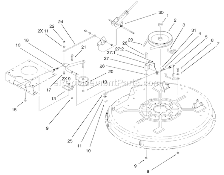 32" Deck Blade Drive & Braking Components Assembly Diagram and Parts List for 71209 210000001-210999999 - 2001 Toro Lawn Tractor