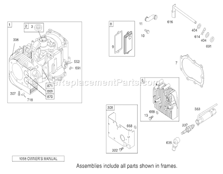 Cylinder Assembly Engine Briggs and Stratton Model 28M707-1125-E1 Diagram and Parts List for 71209 220010001-220999999 - 2002 Toro Lawn Tractor