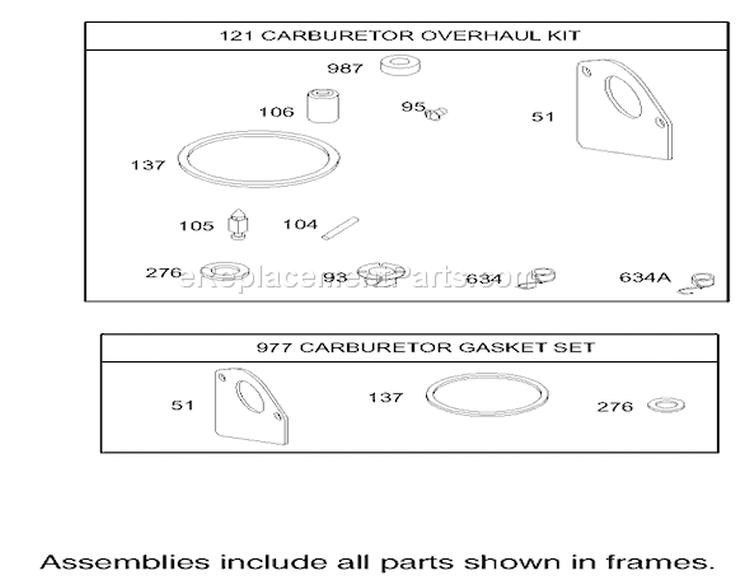 Carburetor Overhaul Kit Assembly Engine Briggs and Stratton Model 28M707-1125-E1 Diagram and Parts List for 71209 230000001-230999999 - 2003 Toro Lawn Tractor
