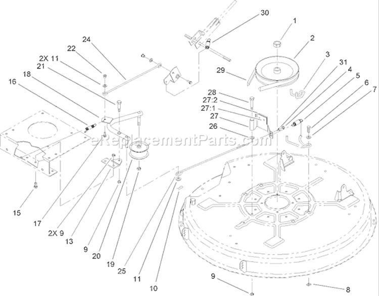 32 Inch Deck Blade Drive and Brake Assembly Diagram and Parts List for 71209 250005001-250999999 - 2005 Toro Lawn Tractor