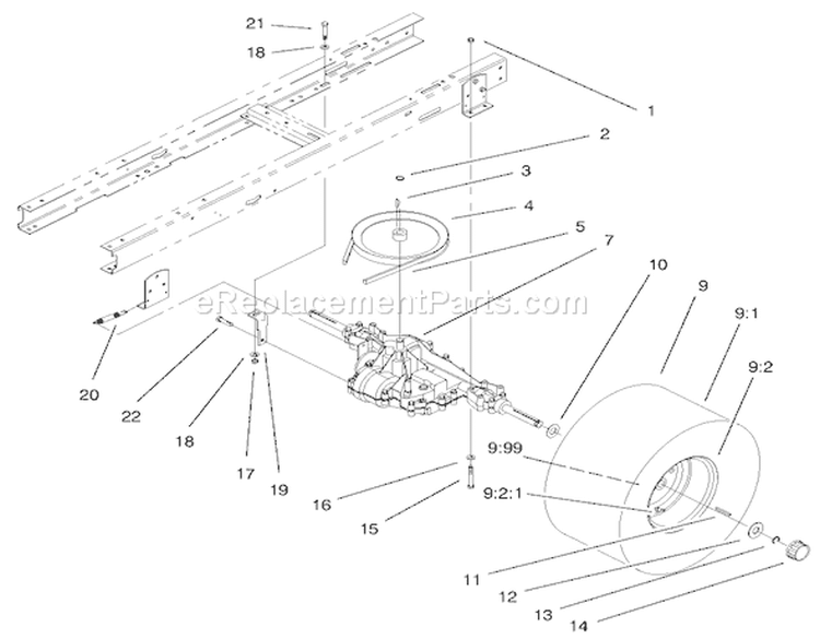 5 Speed Transaxle Assembly Diagram and Parts List for 71209 9900001-9999999 - 1999 Toro Lawn Tractor
