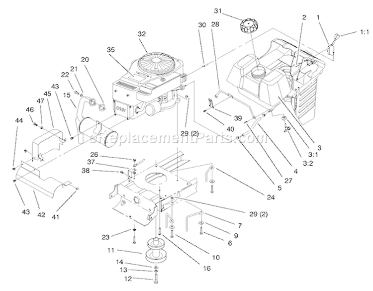 Engine & Gas Tank Assembly Diagram and Parts List for 71215 8900001-8999999 - 1998 Toro Lawn Tractor