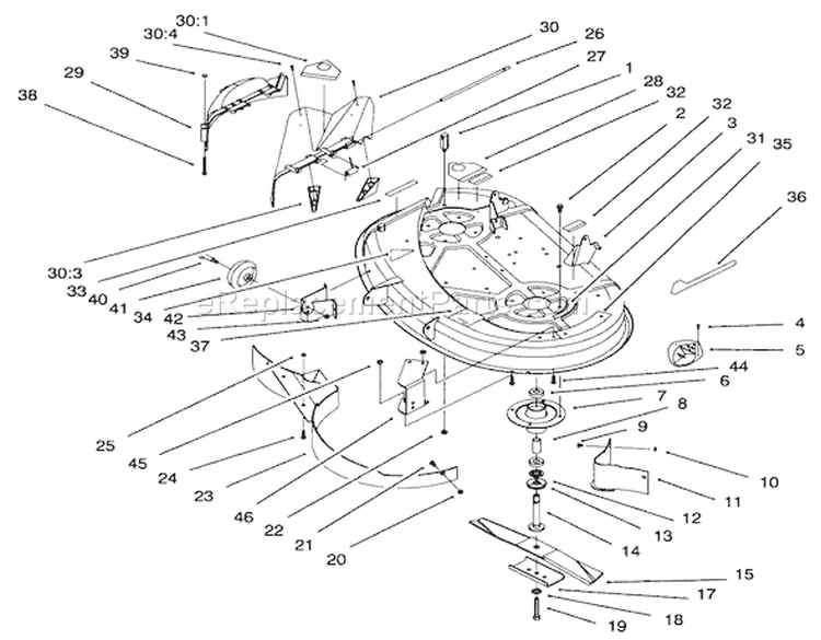 38" Deck Components Assembly Diagram and Parts List for 71217 6900001-6999999 - 1996 Toro Lawn Tractor