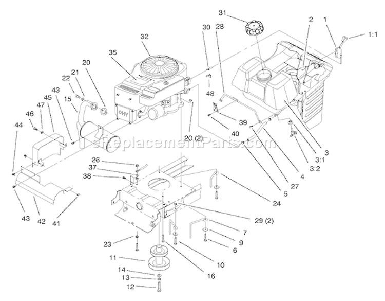 Engine & Gas Tank Assembly Diagram and Parts List for 71219 7900001-7999999 - 1997 Toro Lawn Tractor