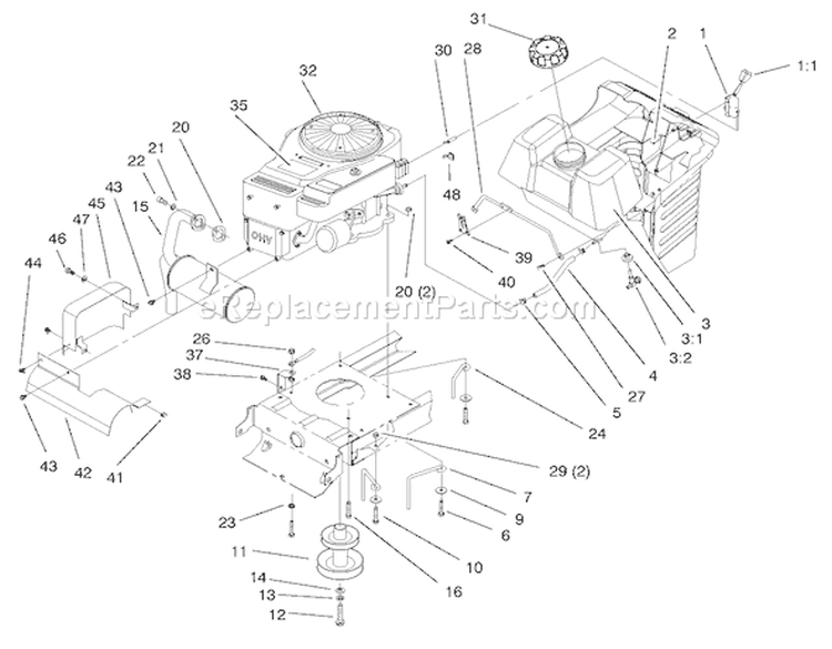 Engine & Gas Tank Assembly Diagram and Parts List for 71219 8900001-8999999 - 1998 Toro Lawn Tractor