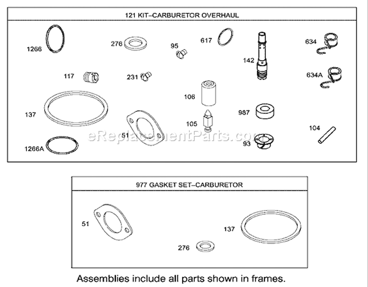 Carburetor Overhaul Kit Assembly Engine Briggs and Stratton Model 286H77-0121-E1 Diagram and Parts List for 71226 220010001-220999999 - 2002 Toro Lawn Tractor