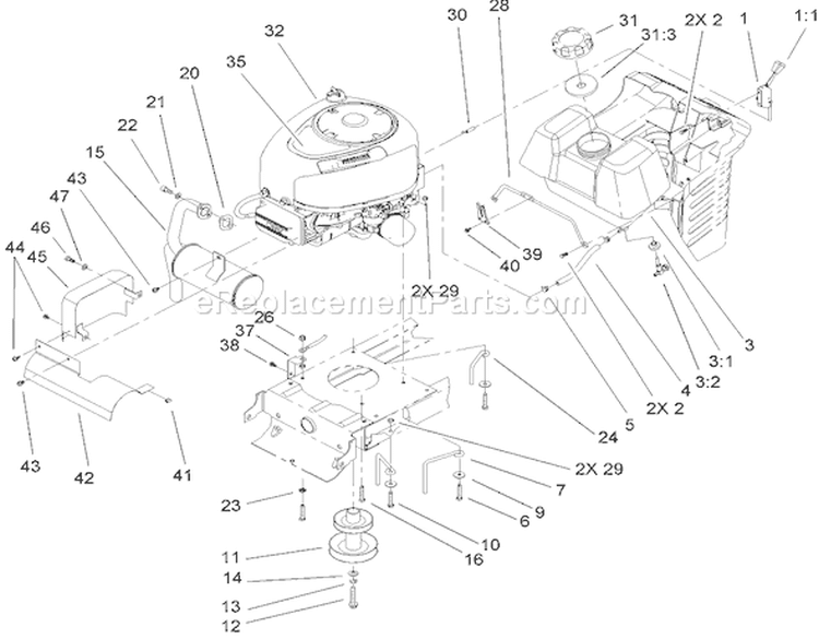 Engine System Component Assembly Diagram and Parts List for 71227 240000001-240999999 - 2004 Toro Lawn Tractor