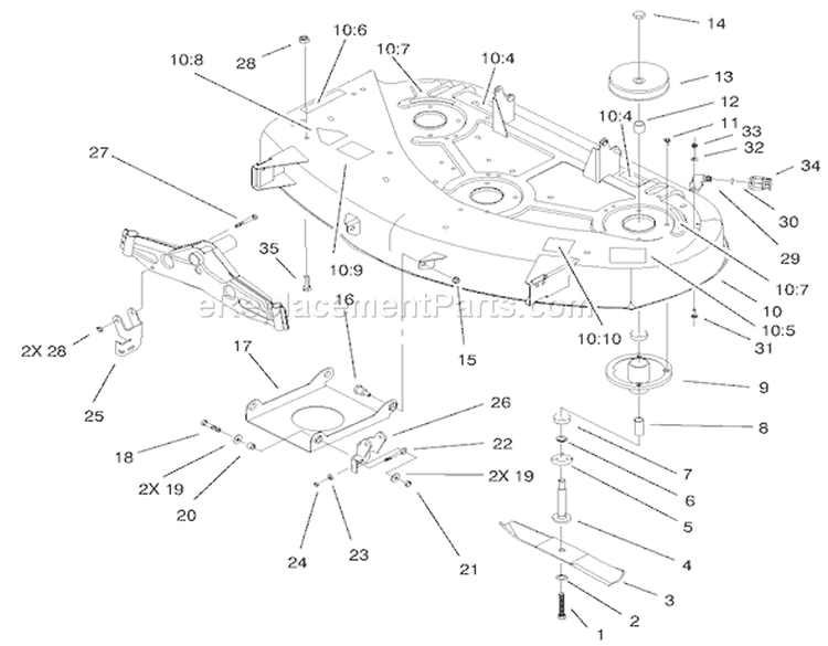 Deck, Spindle And Blade Assembly Diagram and Parts List for 71228 220000001-220010000 - 2002 Toro Lawn Tractor