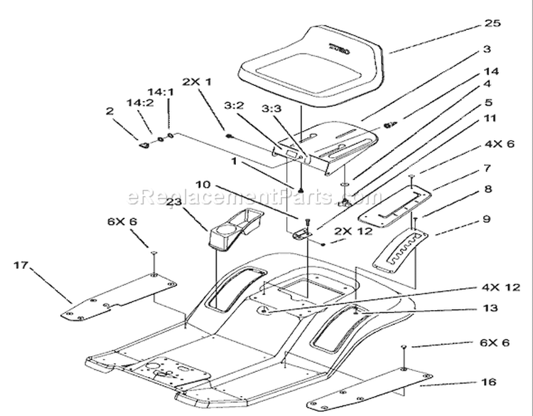 Rear Body and Seat Assembly Diagram and Parts List for 71228 220010001-220999999 - 2002 Toro Lawn Tractor