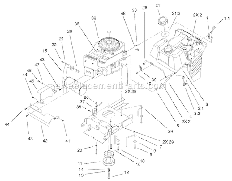 OHV Engine System Assembly Diagram and Parts List for 71227 220010001-220999999 - 2002 Toro Lawn Tractor