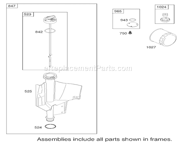 Oil Filter, Tube and Pump Assembly Briggs and Stratton Model 286H77-0121-E1 Diagram and Parts List for 71227 220010001-220999999 - 2002 Toro Lawn Tractor
