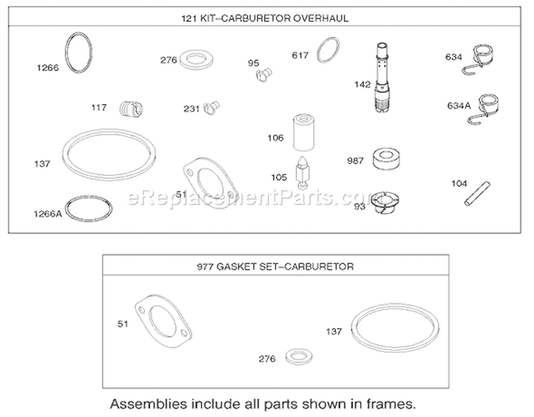 Carburetor OverhaulKit Assembly Briggs and Stratton Model 286H77-0121-E1 Diagram and Parts List for 71227 220010001-220999999 - 2002 Toro Lawn Tractor