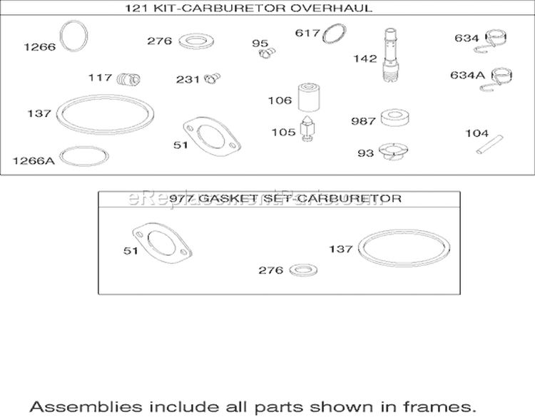 Carburetor Overhaul Kit Assembly Briggs and Stratton Model 286h77-0121-e1 Diagram and Parts List for 71227 240000001-240999999 - 2004 Toro Lawn Tractor