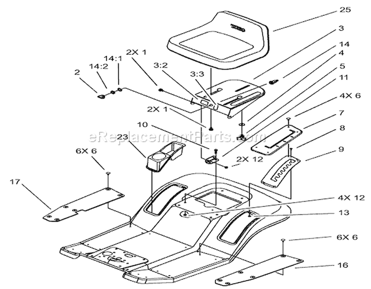 Rear Body and Seat Assembly Diagram and Parts List for 71283 230000001-230999999 - 2003 Toro Lawn Tractor