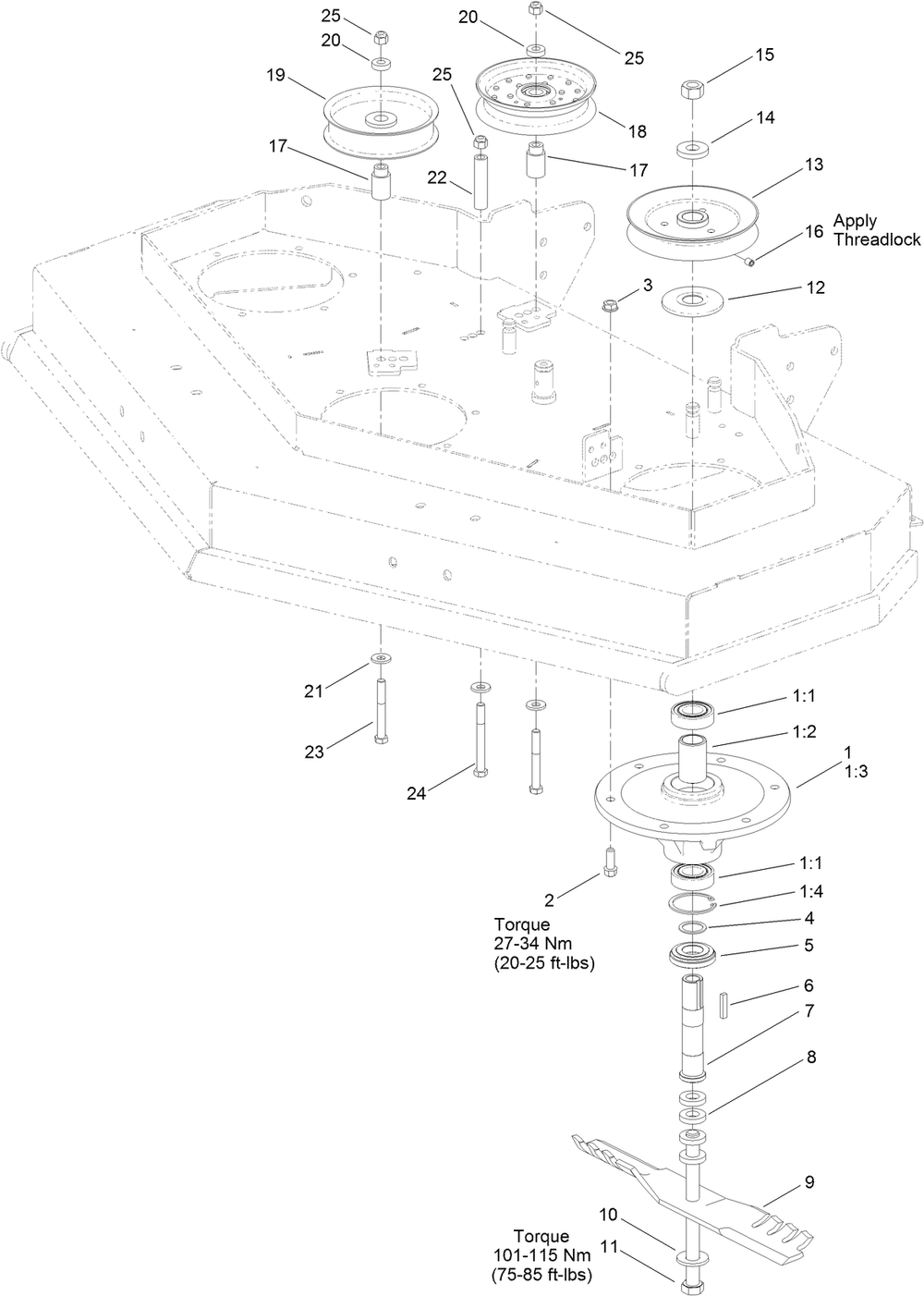 48 Inch Deck Spindle And Pulley Assembly Diagram and Parts List for 2712 312000001 - 312999999 Toro Lawn Tractor Accessories