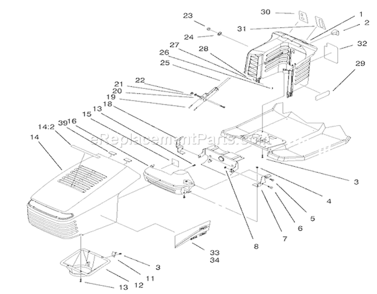 Hood & Tower Assembly Diagram and Parts List for 71300 200000001-200999999 - 2000 Toro Lawn Tractor