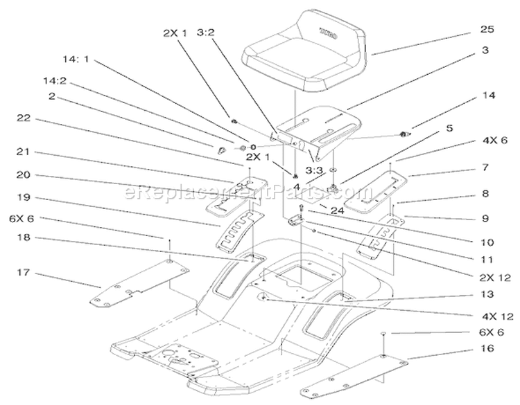 Rear Body And Seat Assembly Diagram and Parts List for 71301 210000001-210999999 - 2001 Toro Lawn Tractor