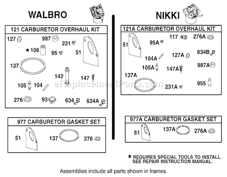 Carburetor Overhaul Kit Assembly Engine Diagram and Parts List for 71301 210000001-210999999 - 2001 Toro Lawn Tractor