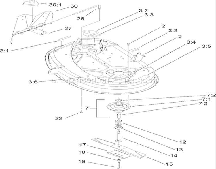 38in Deck Assembly Diagram and Parts List for 71427 250000001-250999999 - 2005 Toro Lawn Tractor