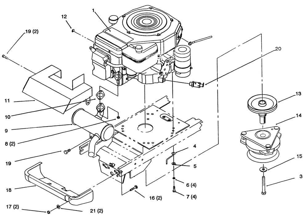 Single Cylinder Engine, Muffler, And P.T.O. Diagram and Parts List for 72063 4900001 - 4999999 Toro Lawn Tractor