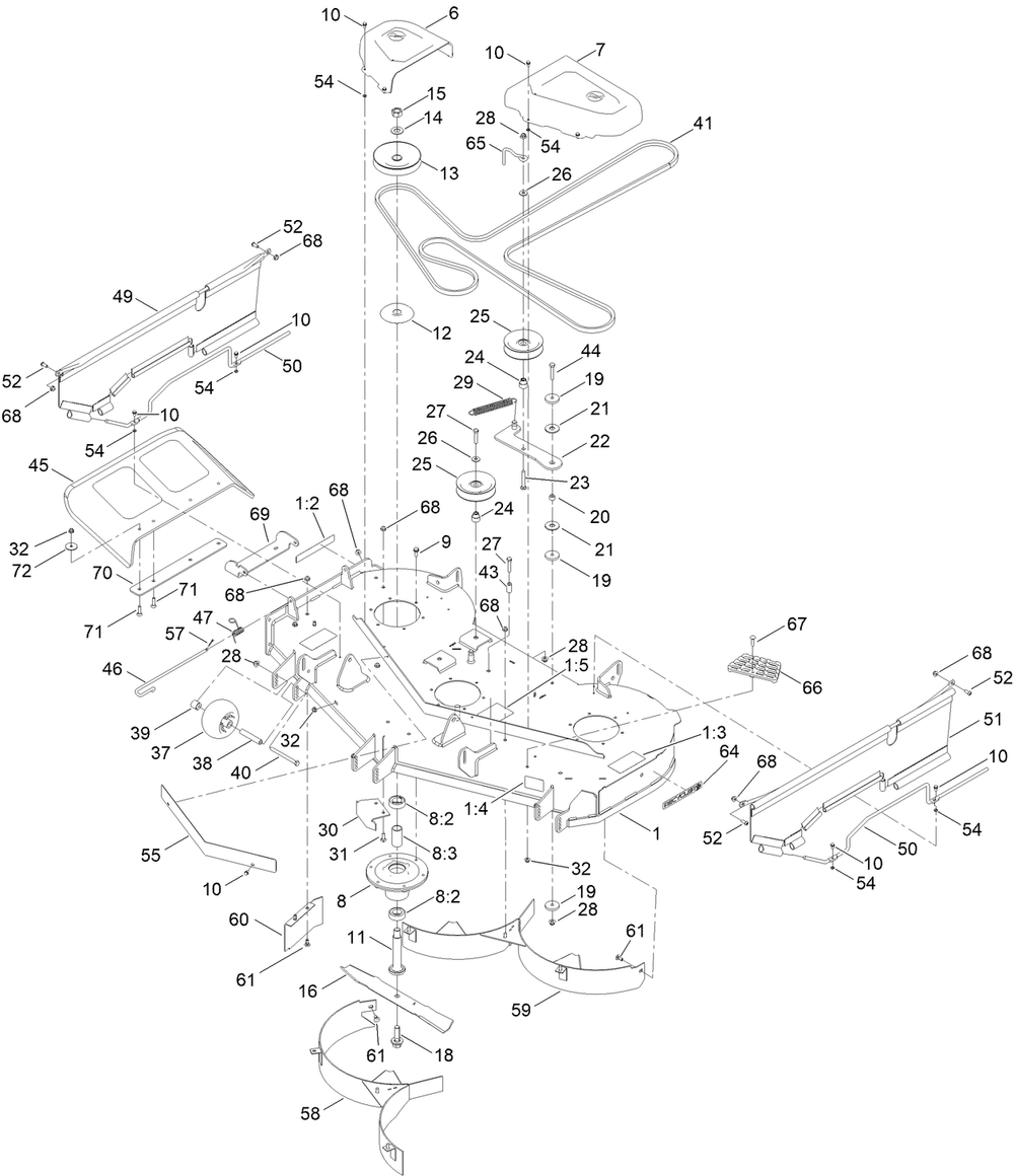 54in Deck And Decal Assembly Diagram and Parts List for 74898 412800000 - 999999999 Toro Lawn Tractor