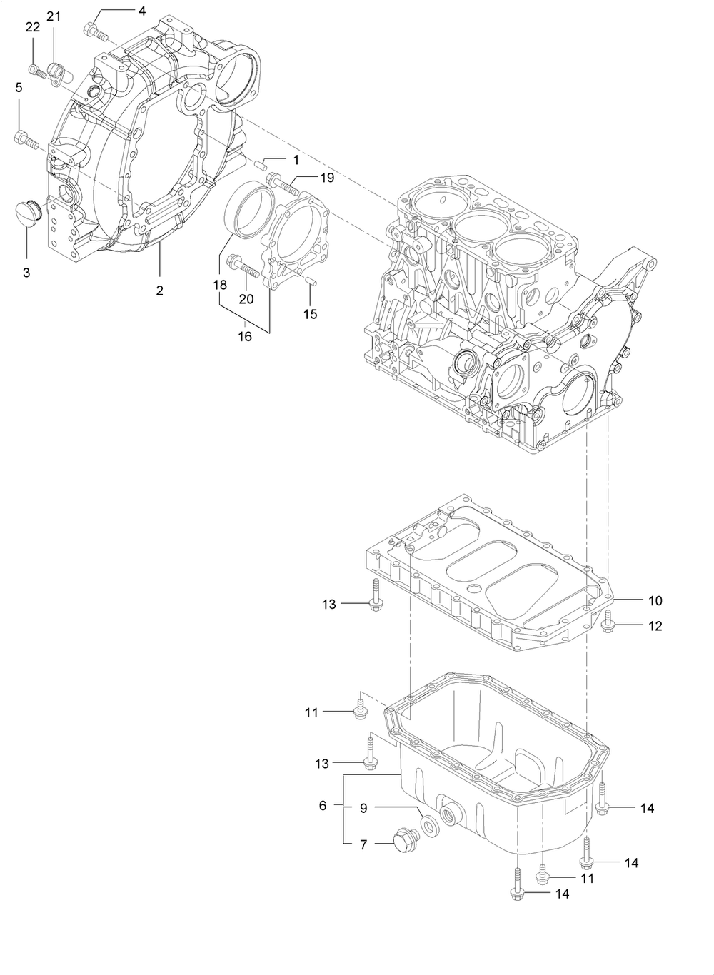 Flywheel Housing And Oil Sump Assembly Diagram and Parts List for 74072 403226744-404399999 Toro Lawn Mower