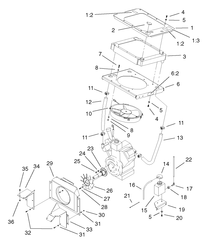 Cooling System Assembly Diagram and Parts List for 74213 (230000001-230006000)(2003) Toro Lawn Mower