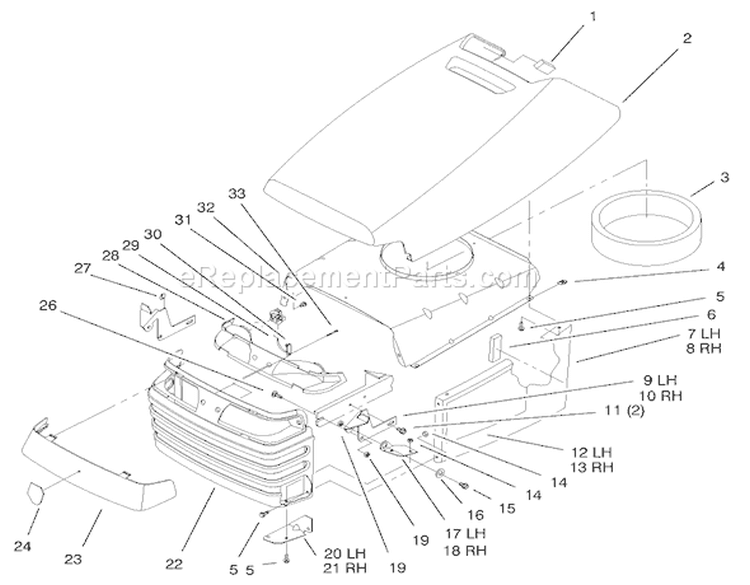 Hood & Grill Assembly Diagram and Parts List for 72047 9900001-9999999 - 1999 Toro Lawn Tractor
