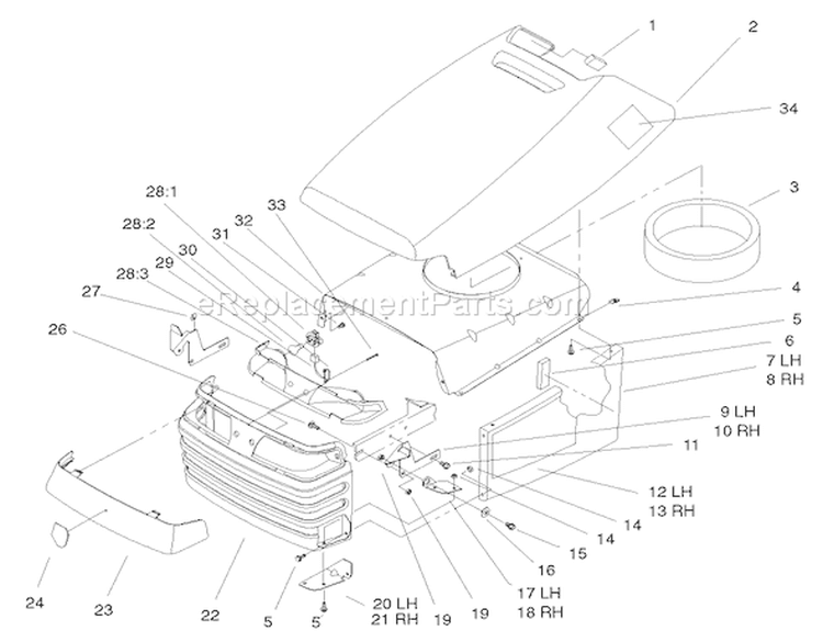 Hood & Grill Assembly Diagram and Parts List for 72049 200000001-200999999 - 2000 Toro Lawn Tractor