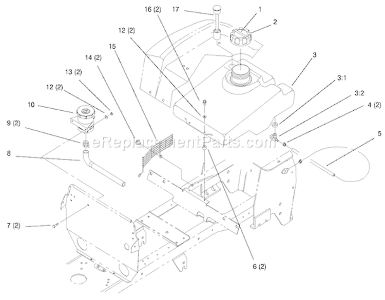 Fuel Tank And Hydro Reservoir Diagram and Parts List for 72046 7900001-7999999 - 1997 Toro Lawn Tractor