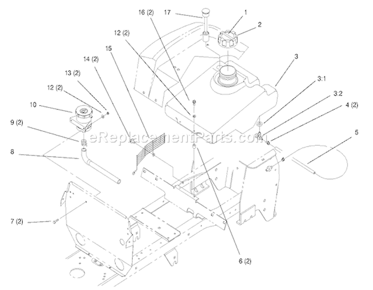 Fuel Tank and Hydro Reservoir Diagram and Parts List for 72064 8900001-8900599 - 1998 Toro Lawn Tractor