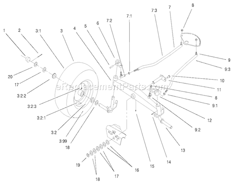 Front Axle Assembly Diagram and Parts List for 72070 9900001-9999999 - 1999 Toro Lawn Tractor