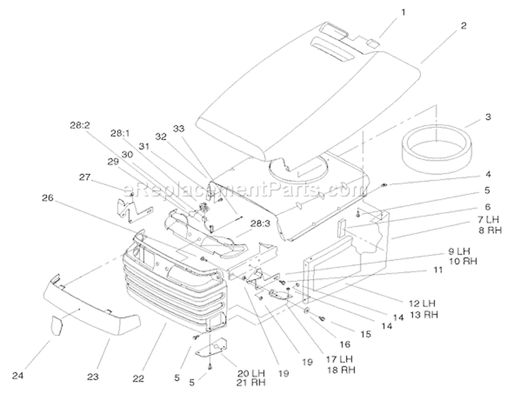 Hood & Grill Assembly Diagram and Parts List for 72071 200000001-200999999 - 2000 Toro Lawn Tractor