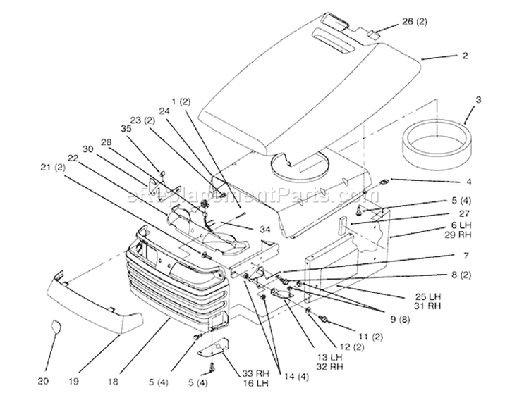 Hood And Grill Diagram and Parts List for 72084 6900001-6999999 - 1996 Toro Lawn Tractor