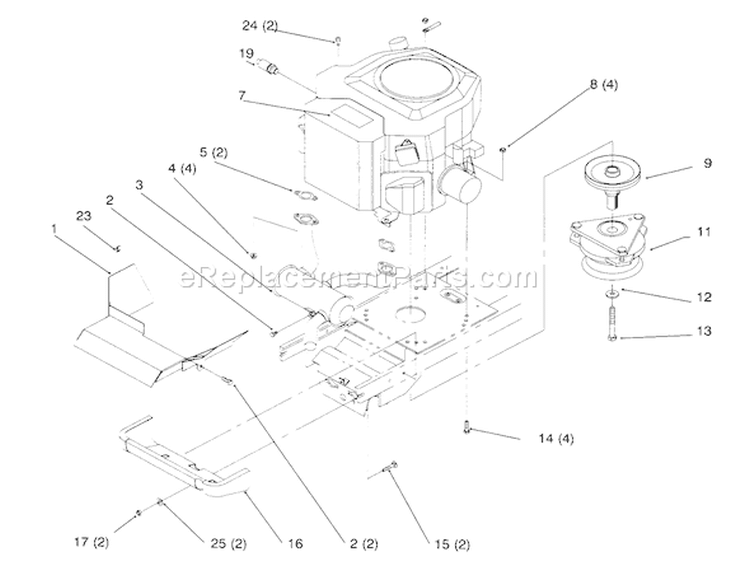 Twin Cylinder Engine, Muffler, And P.t.o. Diagram and Parts List for 72084 6900001-6999999 - 1996 Toro Lawn Tractor