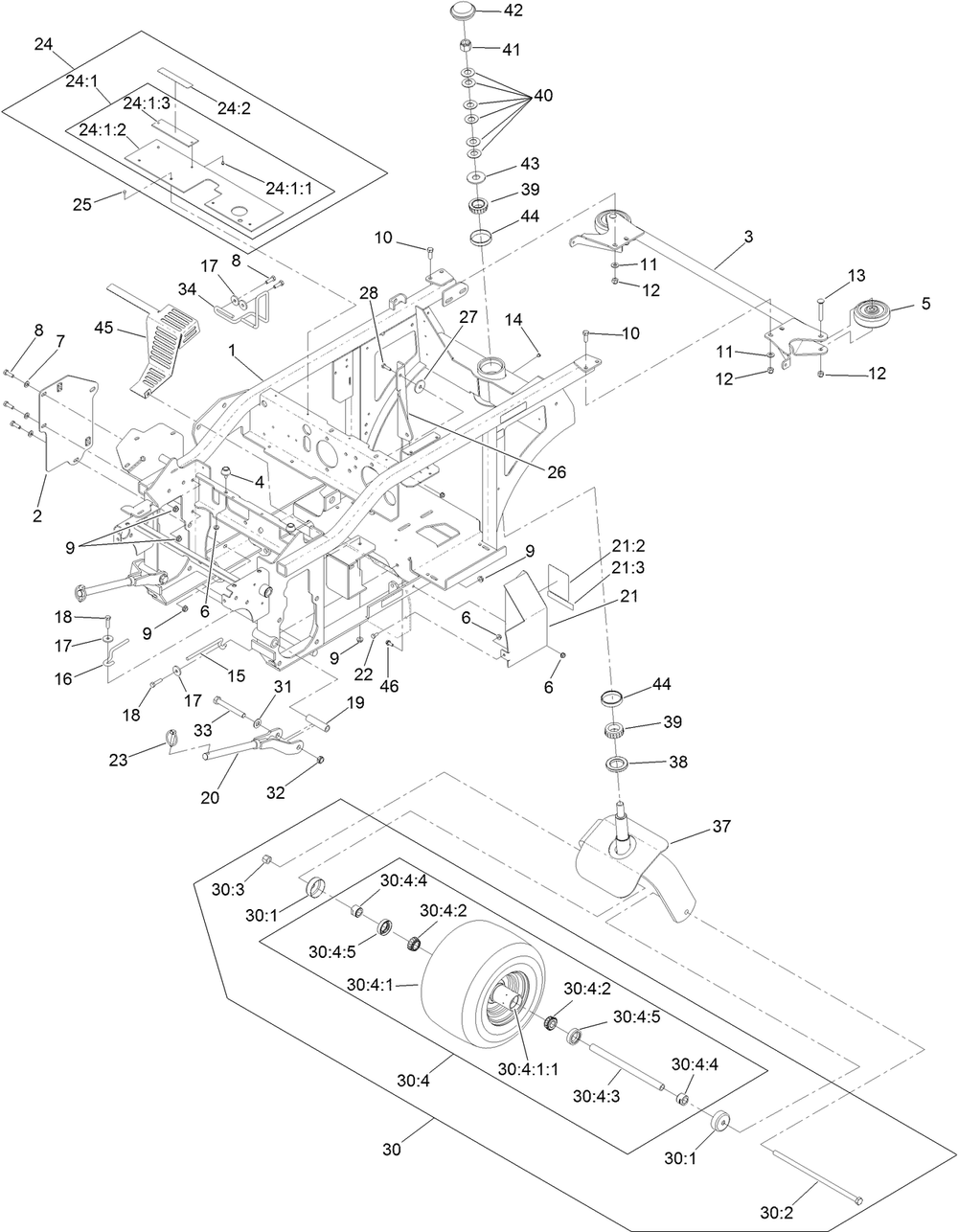 Caster Wheel And Frame Assembly Diagram and Parts List for 74313 402090000-403319680 Toro Lawn Tractor