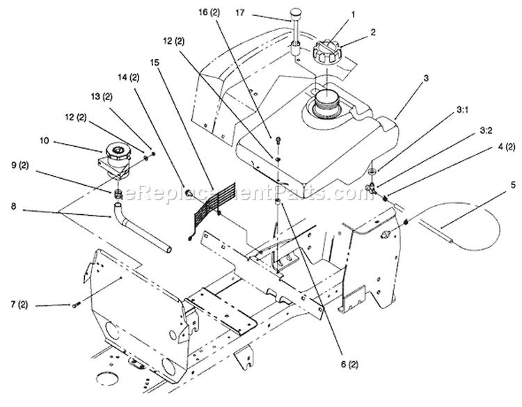 Fuel Tank And Hydro Reservoir Diagram and Parts List for 72102 6900001-6999999 - 1996 Toro Lawn Tractor