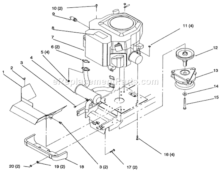 Twin Cylinder Engine, Muffler, And P.t.o. Diagram and Parts List for 72102 6900001-6999999 - 1996 Toro Lawn Tractor