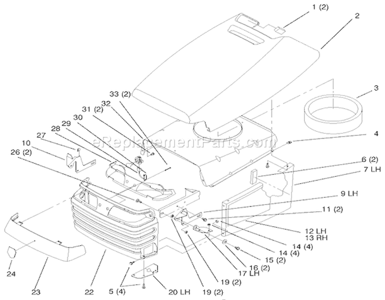 Hood and Grill Diagram and Parts List for 72102 7900001-7999999 - 1997 Toro Lawn Tractor