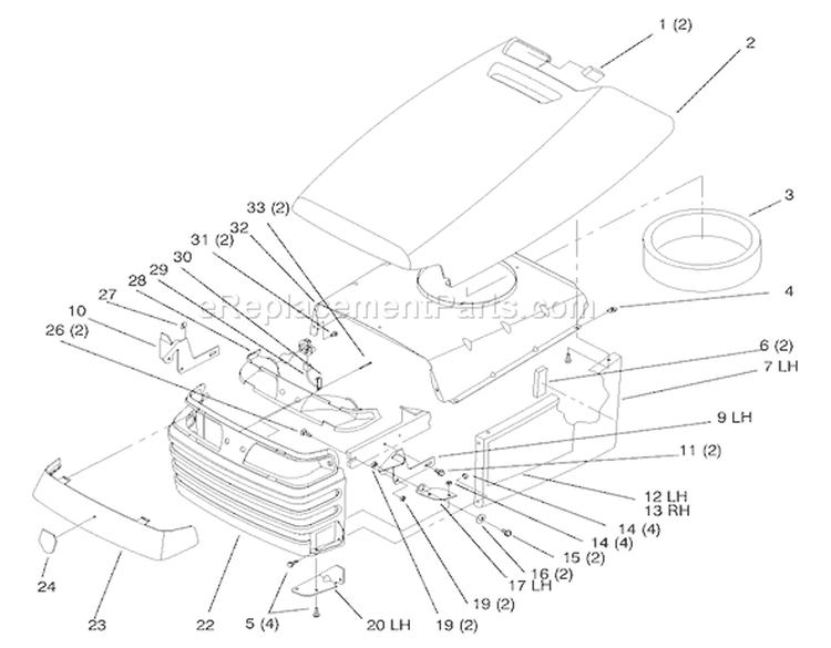 Hood and Grill Diagram and Parts List for 72102 8900001-8900399 - 1998 Toro Lawn Tractor