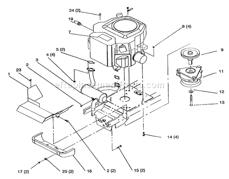 Twin Cylinder Engine, Muffler, And P.t.o. Diagram and Parts List for 72083 4900001-4999999 - 1994 Toro Lawn Tractor