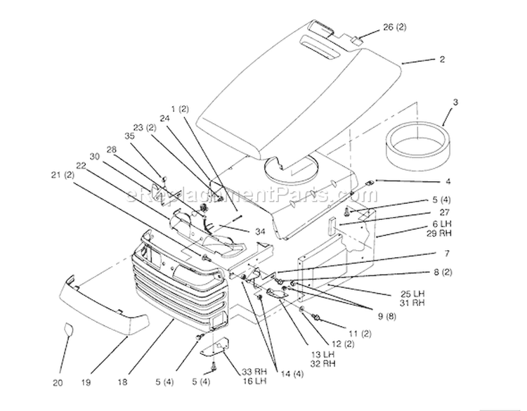Hood And Grill Diagram and Parts List for 72062 5900001-5900227 - 1995 Toro Lawn Tractor