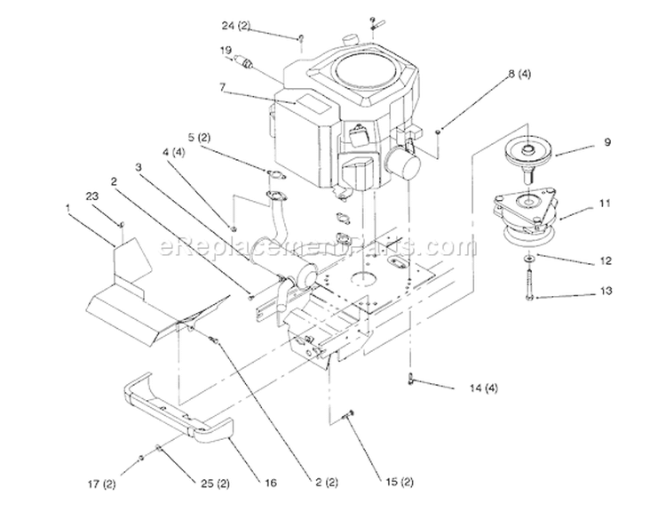 Twin Cylinder Engine, Muffler, And P.t.o. Diagram and Parts List for 72062 5900001-5900227 - 1995 Toro Lawn Tractor