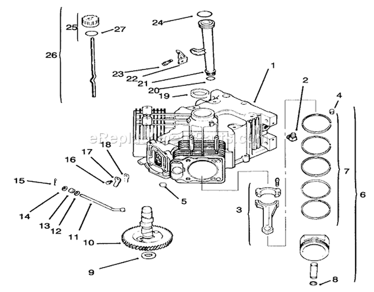 Crankcase Diagram and Parts List for 72085 6900001-6999999 - 1996 Toro Lawn Tractor